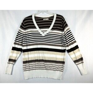 Old Navy Women's Sweater Size 2X Brown Striped V-Neck Long Sleeve Soft